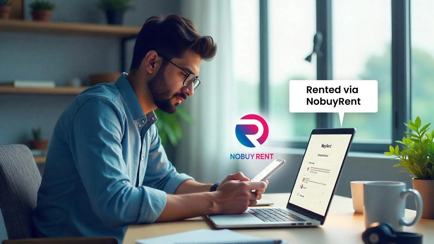 Young Indian man renting a laptop from a digital platform on his phone