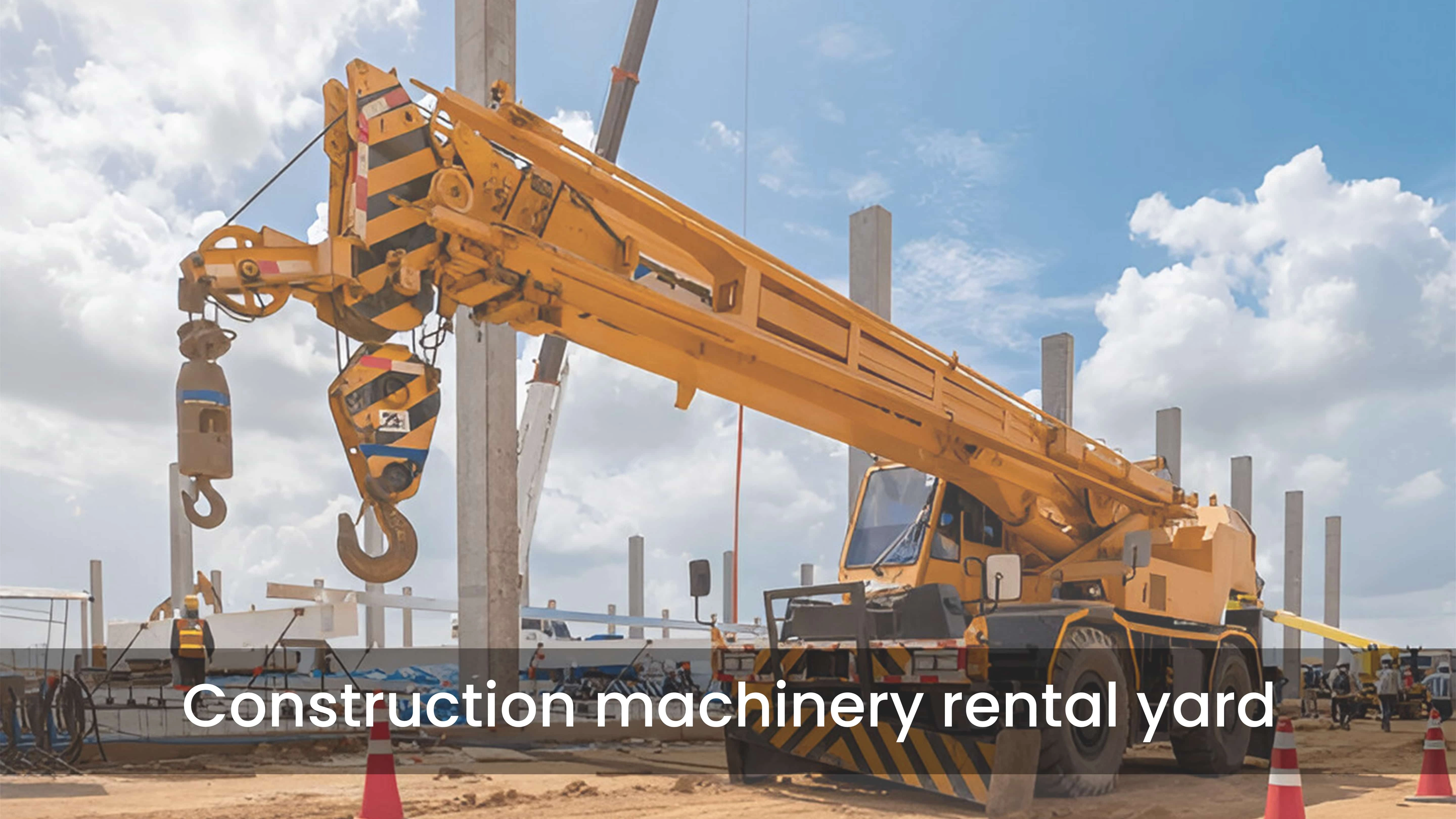 Line of excavators and cranes available for rent at an Indian construction site.