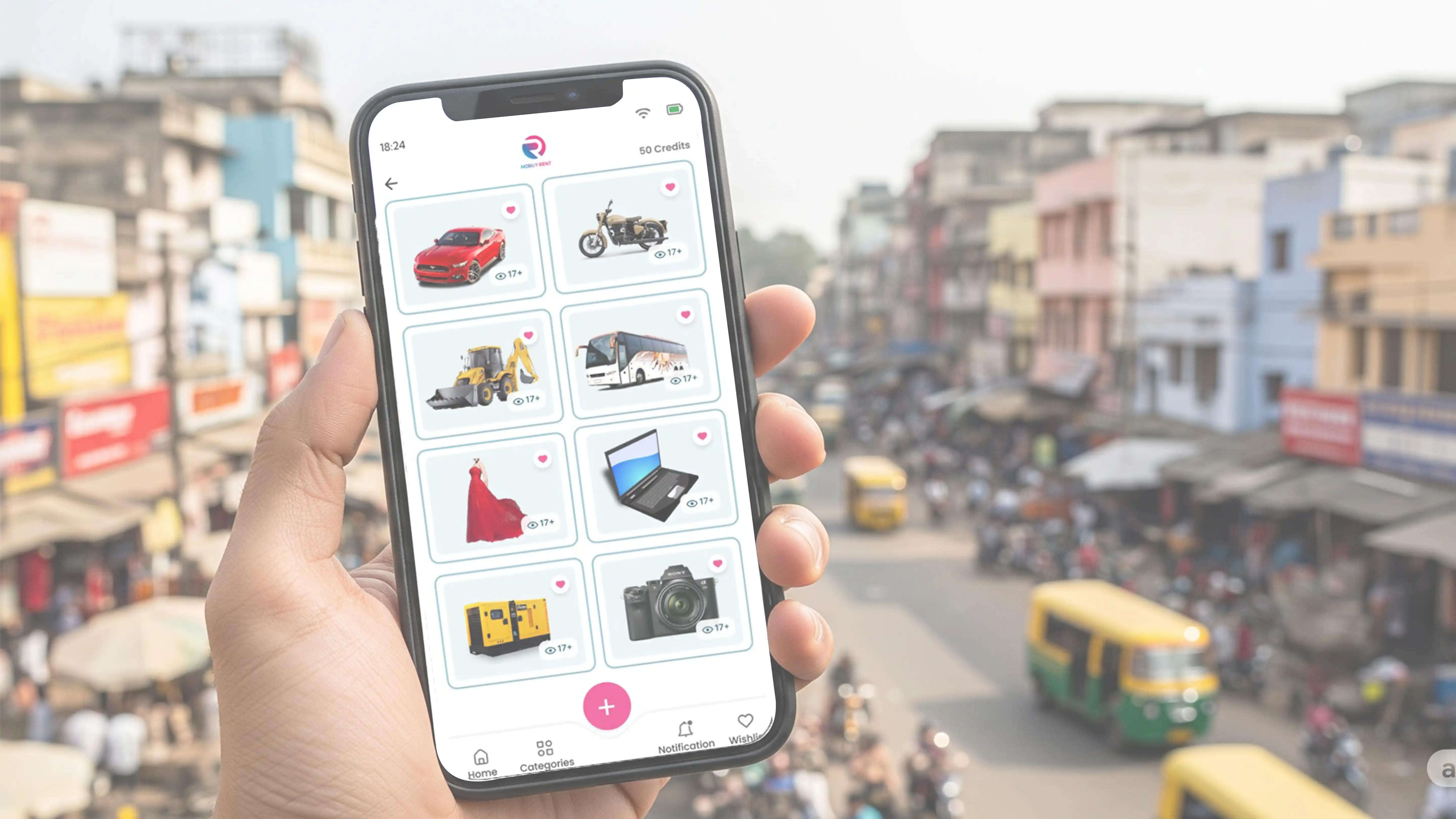 P2P rental app on smartphone in hand