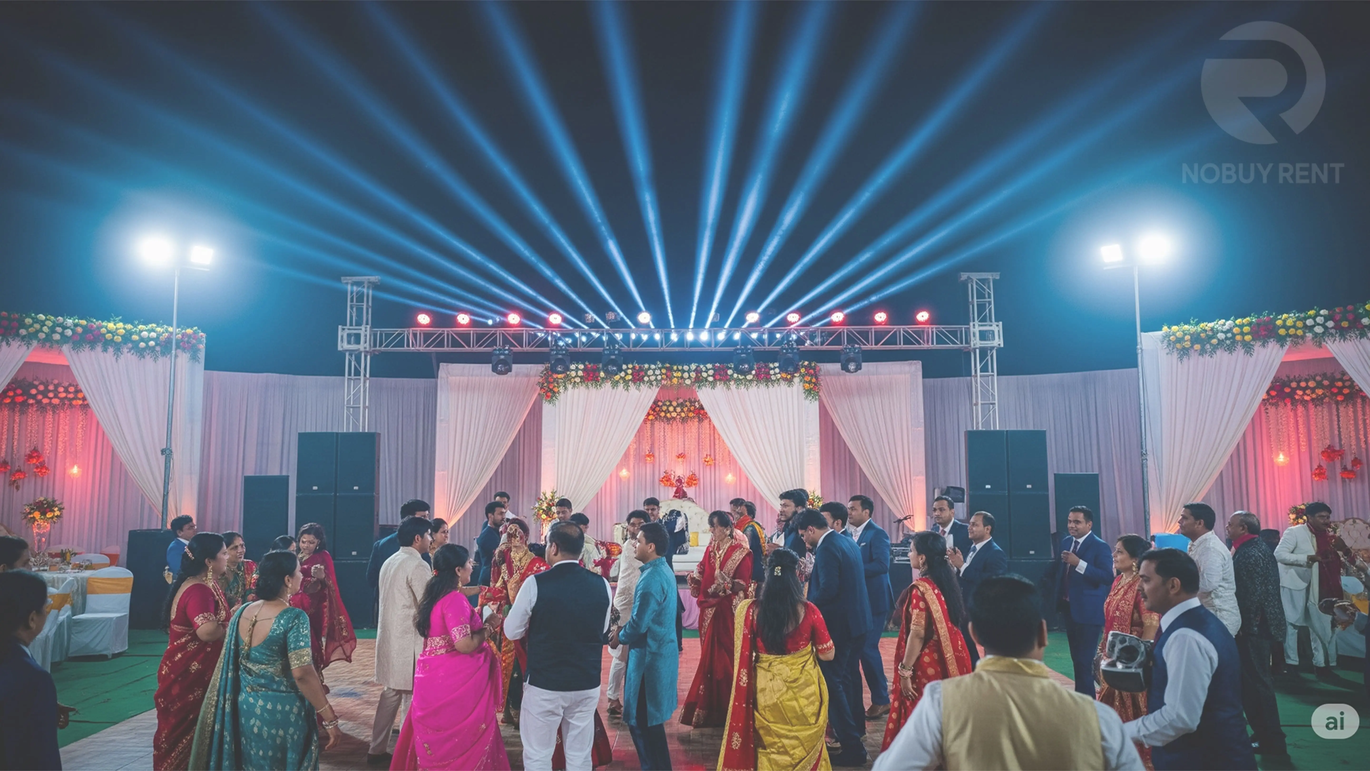 Rented event lighting and speakers set up for a wedding celebration