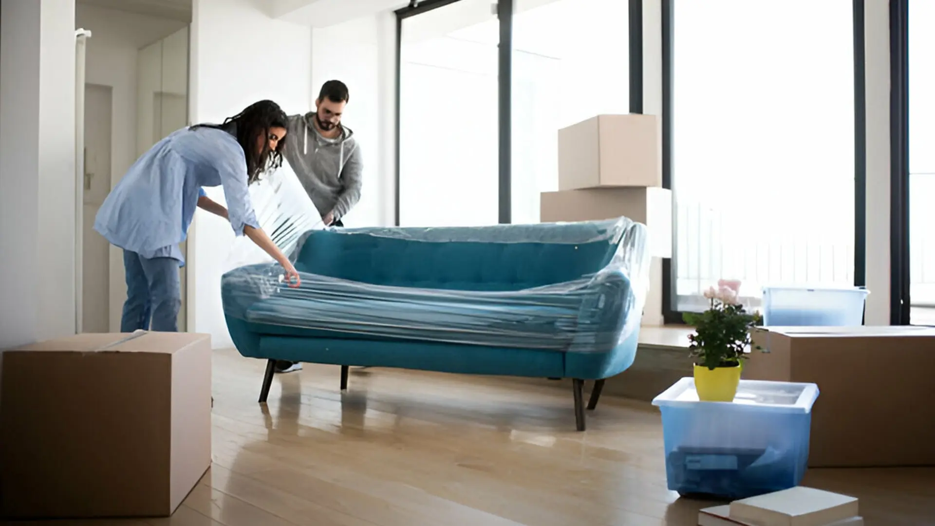 A young couples assembling rented furniture in his living room