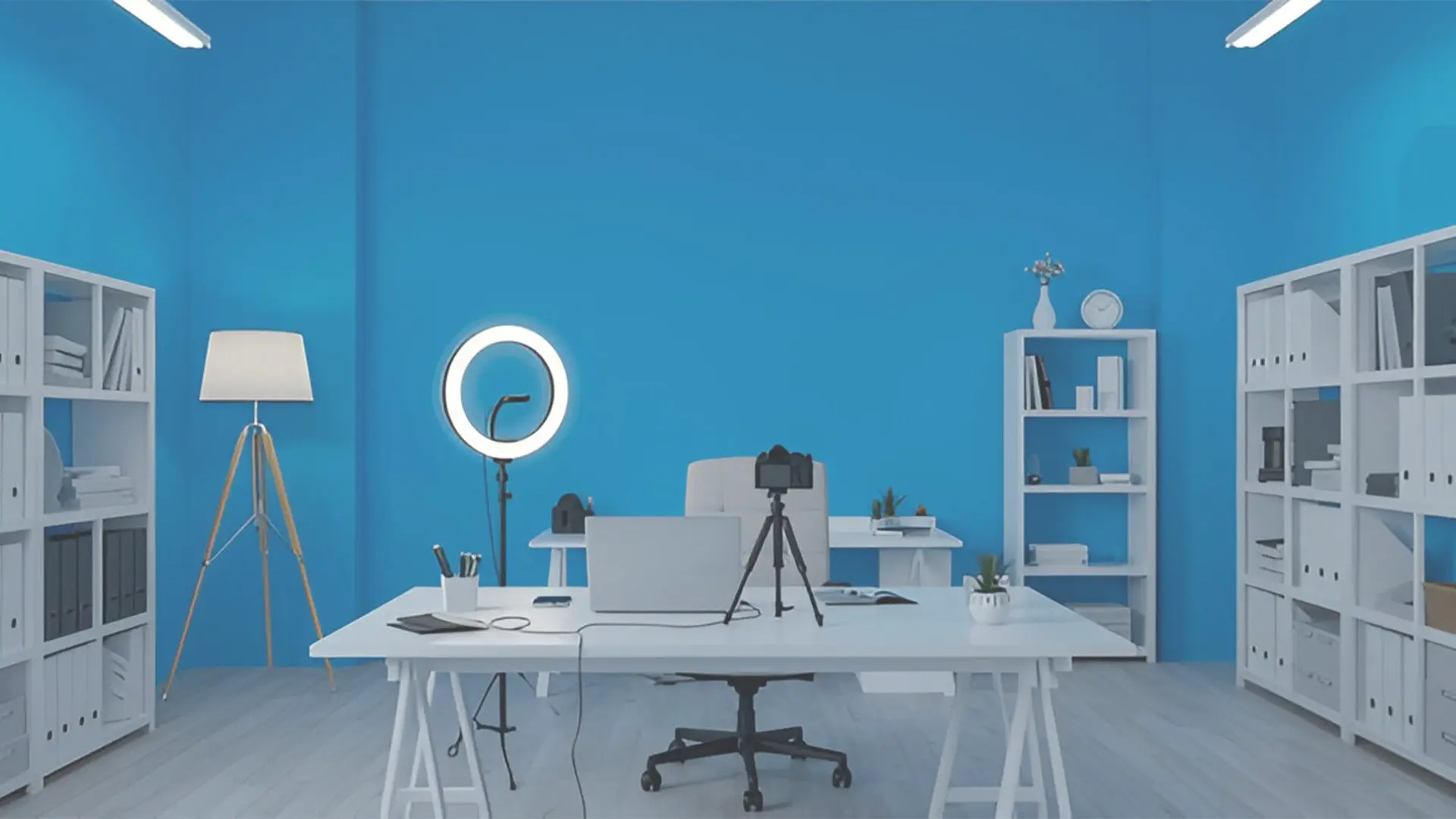 studio setup with Professional Camera, Lapel mics, ring lights, stabilizers