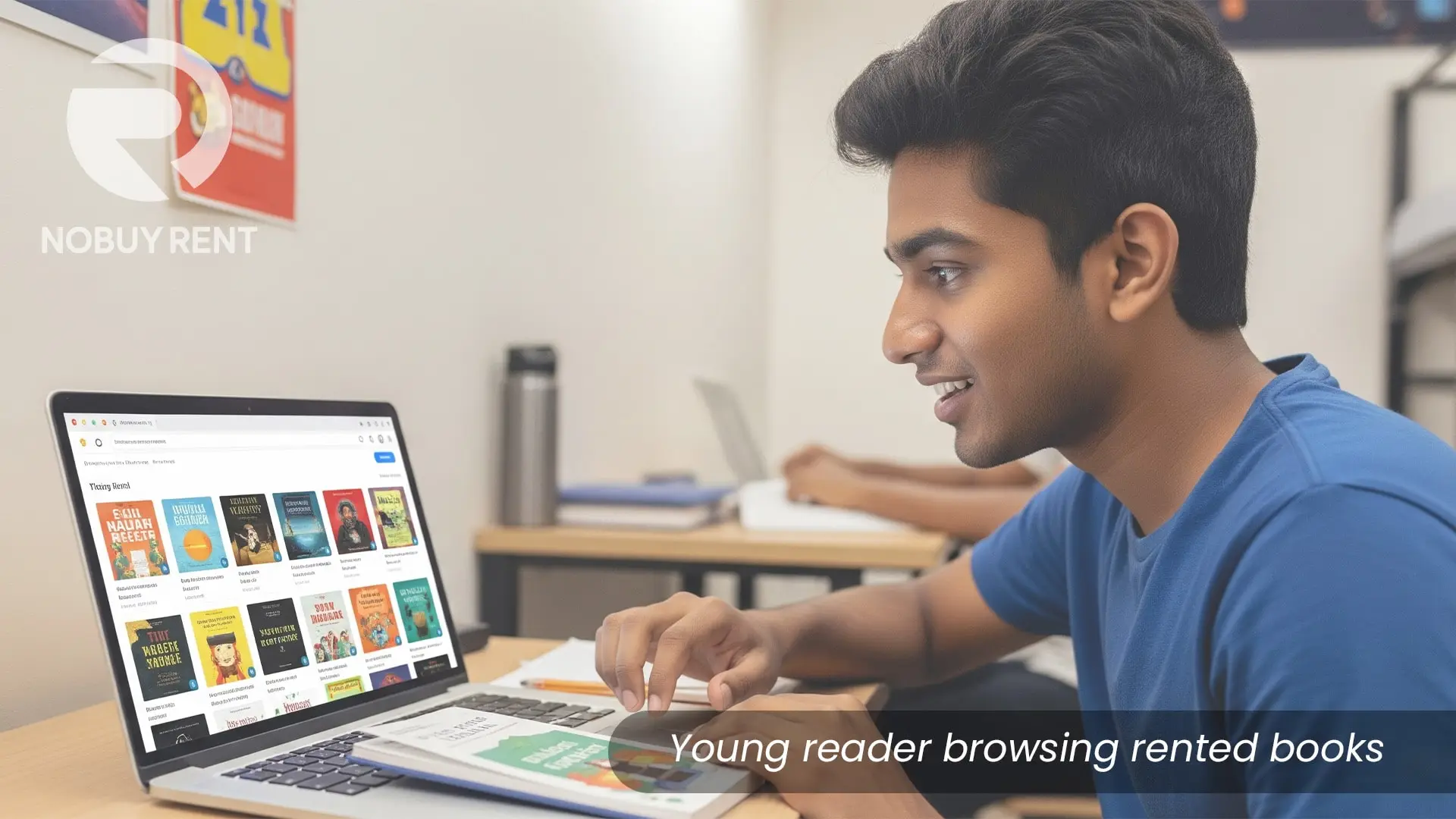 Young reader browsing rental books in Laptop