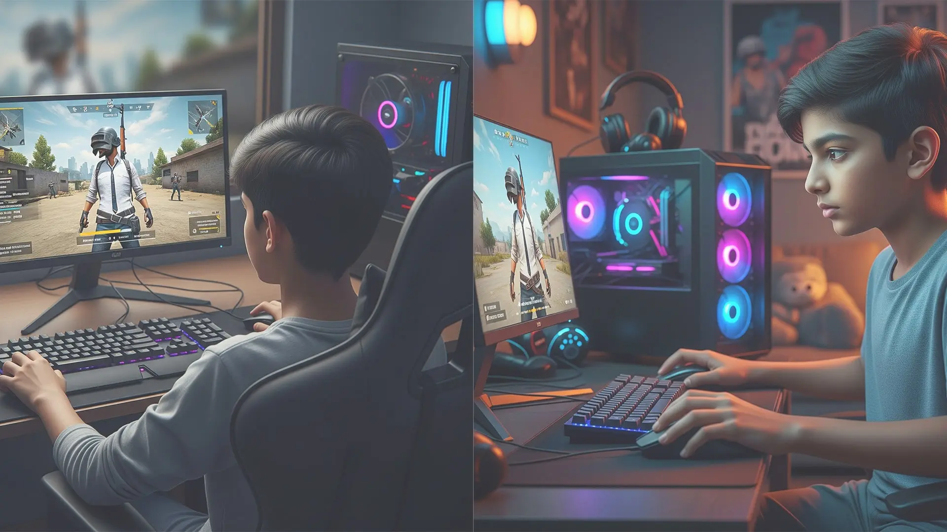 Young gamer playing PUBG title on a rented gaming PC setup