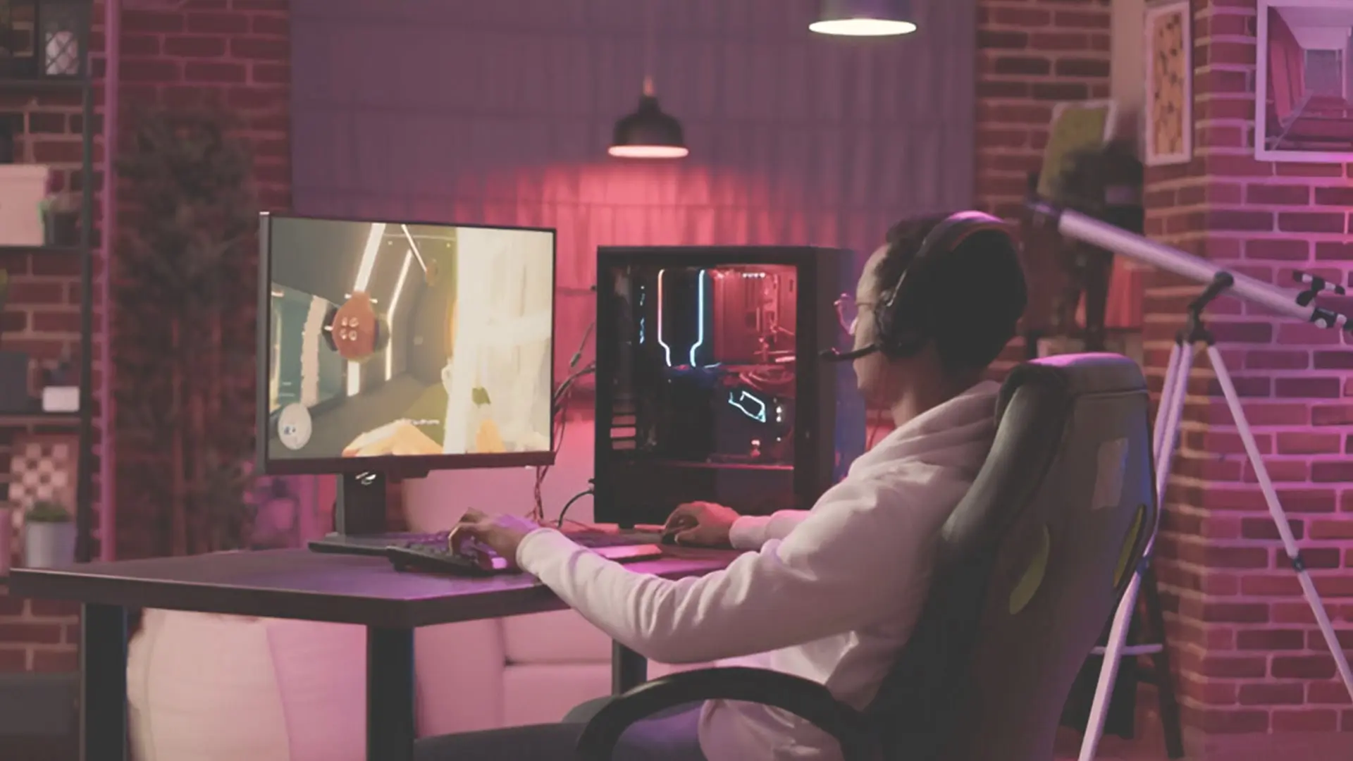 RGB-lit gaming setup featuring RTX GPU and mechanical keyboard