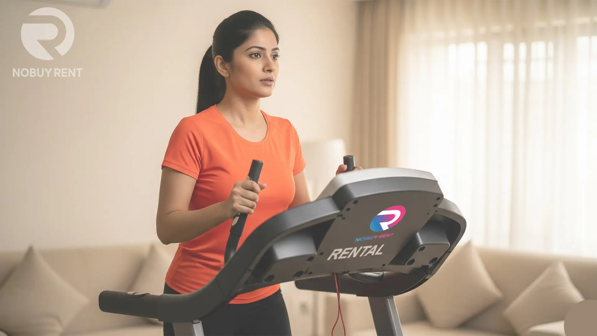 Woman doing cardio on rented treadmill at home