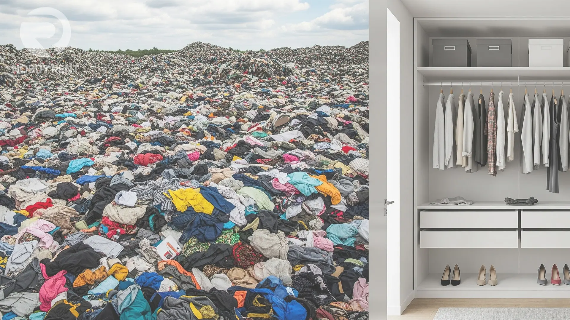 A landfill filled with clothing next to a clean, minimalist closet
