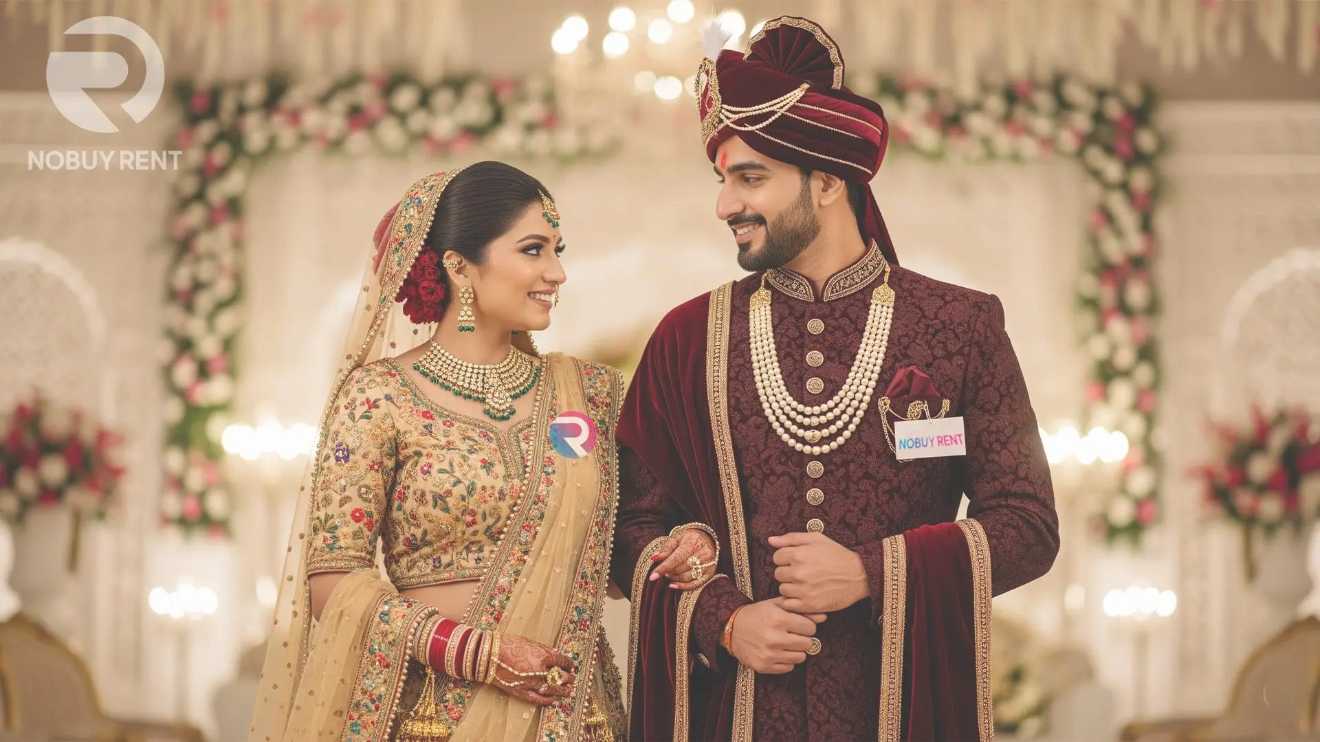 Indian bride and groom wearing luxury rental wedding wear in 2025.