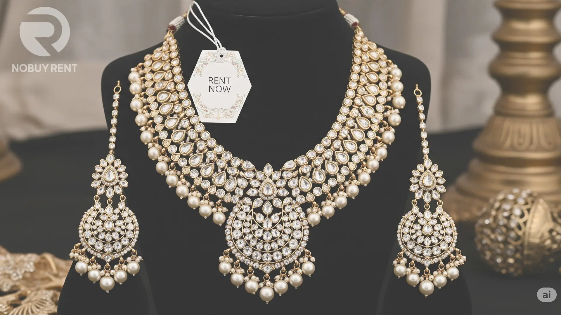 Polki bridal necklace set on rent for modern Indian wedding.