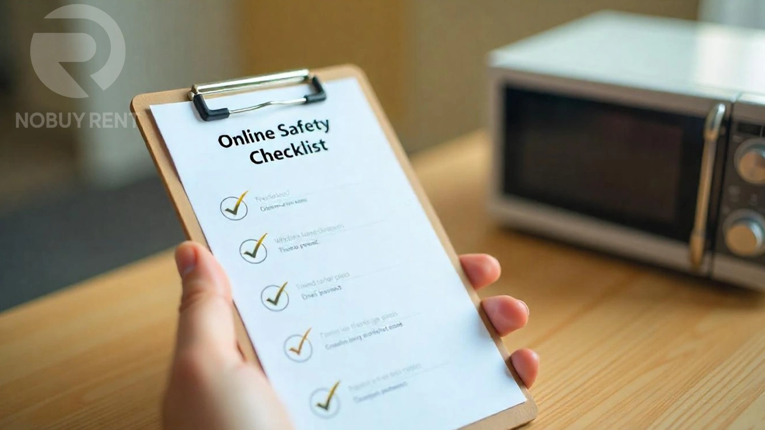 A checklist with icons showing tips for safe online renting.