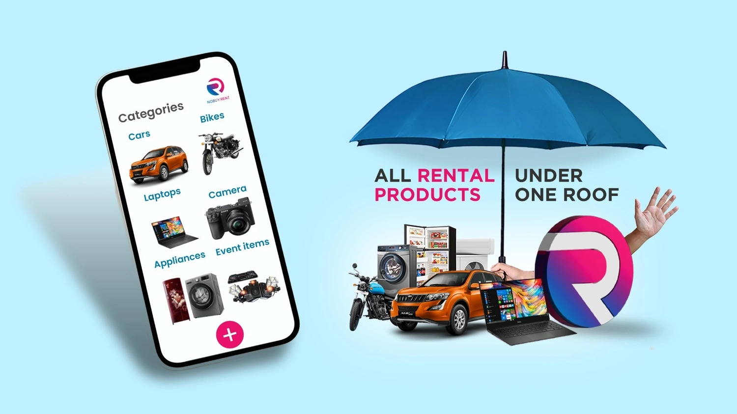 Screenshot of NobuyRent mobile app showcasing rental categories and listings.